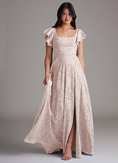 Azazie Bondi Bridesmaid Dresses Blushing Pink A-Line Side Slit Floral Burnout Dress image1
