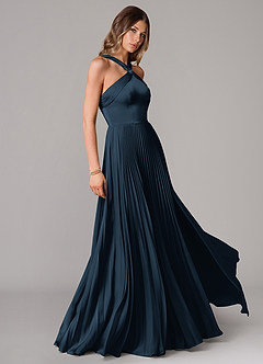 Azazie Afra Vestidos de damas de honor Vestido Azul Marino Oscuro de Satén Elástico de Línea A con Plisado image3