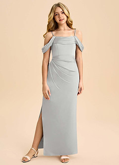 Azazie Saige Junior Robe Fourreau en Satin extensible Épaule décolletée Argent image3