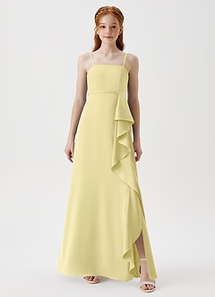 Azazie Kaylee Junior Robe Trapèze en Satin extensible avec ceinture Sorbet Citron image3