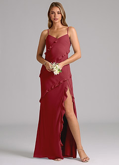 Azazie Nancie Jurken voor bruidsmeisjes Jurk van Chiffon met Zeemeermin Ruches Granaatappel image8