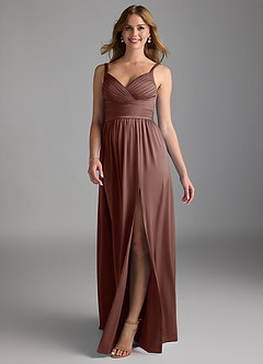 Azazie Chanel Bridesmaid Dresses Espresso A-Line Pleated Stretch Satin Dress image1