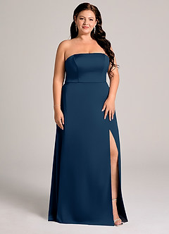 Azazie Wren Robes de demoiselle d'honneur Robe Trapèze Convertible en Satin extensible Sans bretelles Bleu Marine Foncé image9
