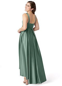 Azazie Inaya Junior Eucalyptus A-Line with Belt Stretch Satin Dress image4