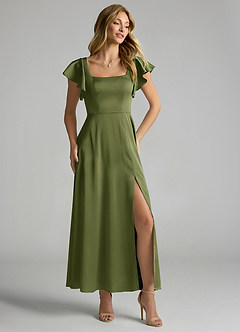 Azazie Bondi 신부 들러리 드레스 A라인 셔링 스트레치 새틴 발목 길이 드레스 image1