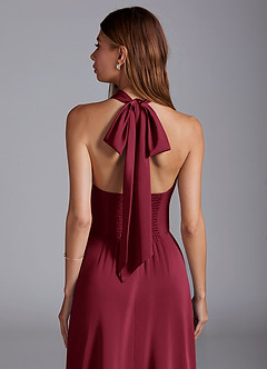 Azazie Myra Bridesmaid Dresses Burgundy A-Line High Neck Stretch Satin Dress image2