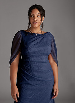 Azazie Paige Mother of the Bride Dresses Dark Navy Sheath Pleated Cape Metallic Mesh Dress image10