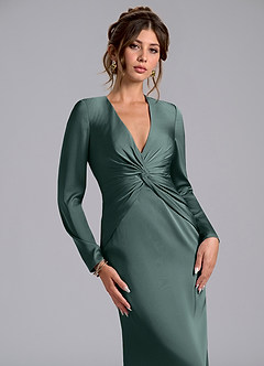 Azazie Tria Final Sale Agave Mermaid Long Sleeve Stretch Satin Dress image5