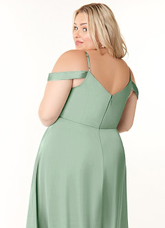 Azazie Ocean Bridesmaid Dresses Agave A-Line V-Neck Pleated Stretch Satin Dress image11