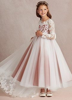 Azazie Elodie Blumenmädchenkleider Ballkleid Spitze Kleid Elfenbein Kastanienbraun image5