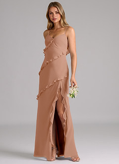 Azazie Nancie Jurken voor bruidsmeisjes Jurk van Chiffon met Zeemeermin Ruches Champagne Roos image3