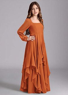Azazie Clara Junior Cinnamon A-Line Blouson Chiffon Dress image4
