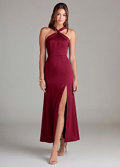 Azazie Rue Bridesmaid Dresses Burgundy Mermaid Pleated Stretch Satin Dress image3