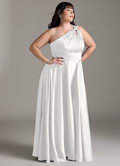 Azazie Charlize Bridesmaid Dresses White A-Line One Shoulder Stretch Satin Dress image4
