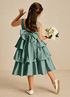 Azazie Margery Flower Girl Dresses Eucalyptus A-Line Bow Stretch Satin Dress image1