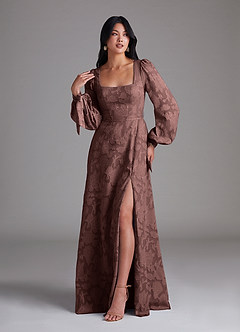 Azazie Leonia Bridesmaid Dresses Espresso A-Line Long Sleeve Floral Burnout Dress image4