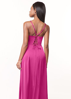 Azazie Maksim Bridesmaid Dresses Fuchsia A-Line V-Neck Stretch Satin Dress image3