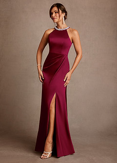 Azazie Lawrence Mother of the Bride Dresses Burgundy A-Line Pleated Stretch Satin Dress image2