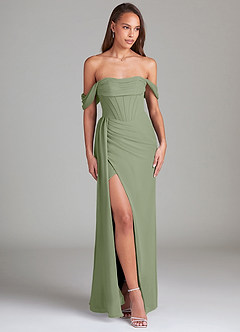 Azazie Amyra Vestidos de damas de honor Vestido Pistacho de Gasa de Corte Recto Convertible con Hombros descubiertos image3