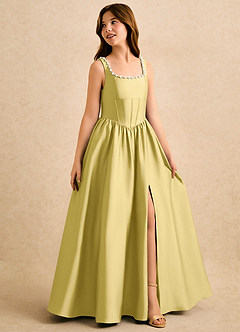Azazie Enid Girls Formal Blumenmädchenkleider A-Linie Mit Perlen Stretch-Satin Kleid Kanarienvogel image3