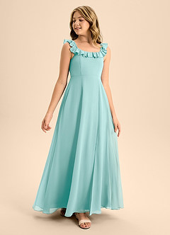 Azazie Callie Junior Abito A-Line in Chiffon Increspato Acqua image1