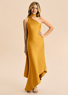 Azazie Briony Junior Butterscotch Sheath Pleated Stretch Satin Dress image3