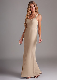 Azazie Denice Bridesmaid Dresses Taupe Sheath Pleated Chiffon Dress image3