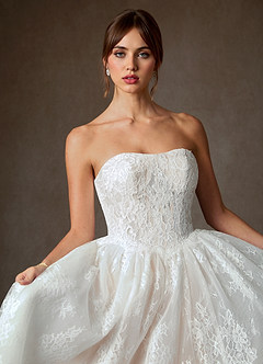 Azazie Justice Wedding Dresses Diamond White Champagne Ball-Gown Off the Shoulder Lace Dress image4