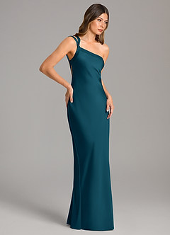 Azazie Monroe Bridesmaid Dresses Ink Blue Mermaid One Shoulder Stretch Satin Dress image5