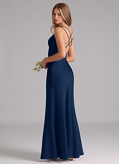 Azazie Suttona Robes de demoiselle d'honneur Robe Trapèze en Satin extensible Plissée Bleu Marine Foncé image1