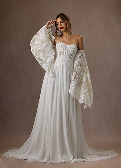 Azazie Rhya Hochzeitskleider A-Linie Schulterfrei Spitze Kleid Diamantweiß Champagner image4