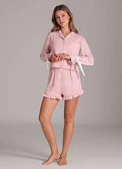 front Satin Contrast Piping Tie Sleeve Ruffle Pajama Shorts Set