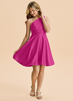 Azazie Charlize Junior Fuchsia A-Line Pleated Stretch Satin Dress image4