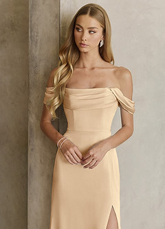 Azazie Saige Bridesmaid Dresses Champagne Sheath Off the Shoulder Stretch Satin Dress image2