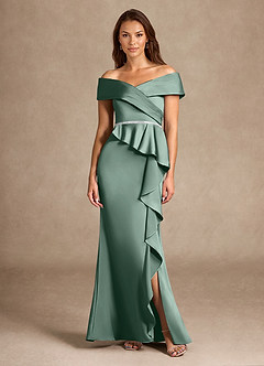 Azazie Dareia Moeder van de bruid jurken Zeemeermin Jurk van Stretch Satijn Off the Shoulder Eucalyptus image3
