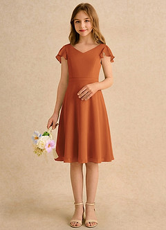 Azazie Narin Girls Formal Robe Demoiselle D'honneur Fillette Robe Trapèze en Mousseline de soie avec manches Cannelle image3