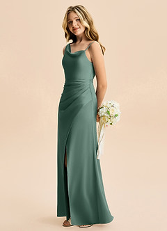 Azazie Abby Junior Robe Trapèze en Satin extensible Plissée Eucalyptus image3