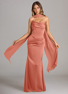 Azazie Sorrel Brautjungfernkleider Wandelbar Meerjungfrau-Linie Schulterfrei Stretch-Satin Kleid Lachsrosa image1