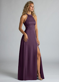 Azazie Clarice Bridesmaid Dresses Plum A-Line High Neck Stretch Satin Dress image2