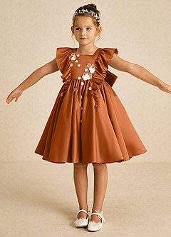 Azazie Sue Ellen vestidos de niña de las flores Vestido de Cobre de Satin Mate de Corte En A con Lazo image3