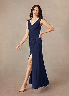 Azazie Andi Mother of the Bride Dresses Dark Navy A-Line Pleated Mesh Dress image2