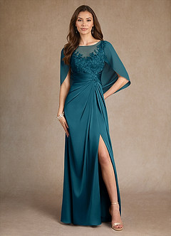 Azazie Hera Mother of the Bride Dresses Ink Blue A-Line Lace Stretch Satin Dress image1