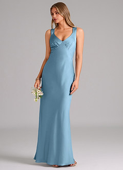 Azazie Kamila Bridesmaid Dresses Steel Blue A-Line Pleated Stretch Satin Dress image5