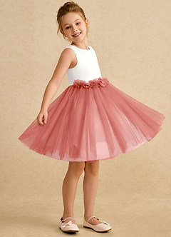 Azazie Louisa Robe Demoiselle D'honneur Fillette Robe Trapèze en Tulle Sans manches Ivoire Rose Saumon image3