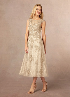 Azazie Flynn Mother of the Bride Dresses A-Line Boatneck Lace Tulle Tea-Length Dress image2
