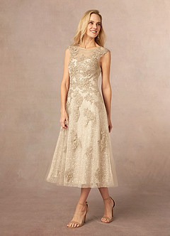 Azazie Flynn Mère de la mariée Robes Robe Trapèze en Tulle Col bateau dentelle Champagne image2