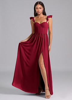 Azazie Denisse Kleider zum Anprobieren zu Hause A-Linie Gestreift Chiffon Kleid Burgunderrot image4