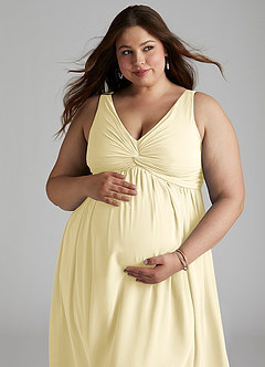 Azazie Yetta Maternity Bridesmaid Dresses A-Line V-Neck Gathered Chiffon Floor-Length Dress image8