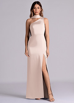 Azazie Phaedra 신부 들러리 드레스 A라인 한쪽 어깨 스트레치 새틴 바닥 길이 드레스 image1