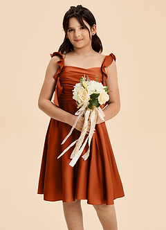 Azazie Kira Junior A라인 러칭 스트레치 새틴 미니 주니어 브라이즈메이드 드레스 image6